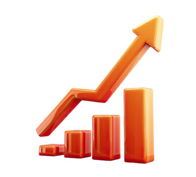 D orange bar graph with an upward arrow symbolizing growth, success, and progress in business and finance